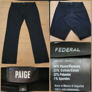 Paige Jeans Mens Size 33x30 Black Federal Straight Casual Preppy Logo Stretch